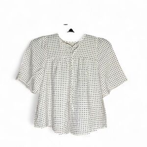 White and Black Balloon Sleeve Ivory Polkadot Crepe Blouse